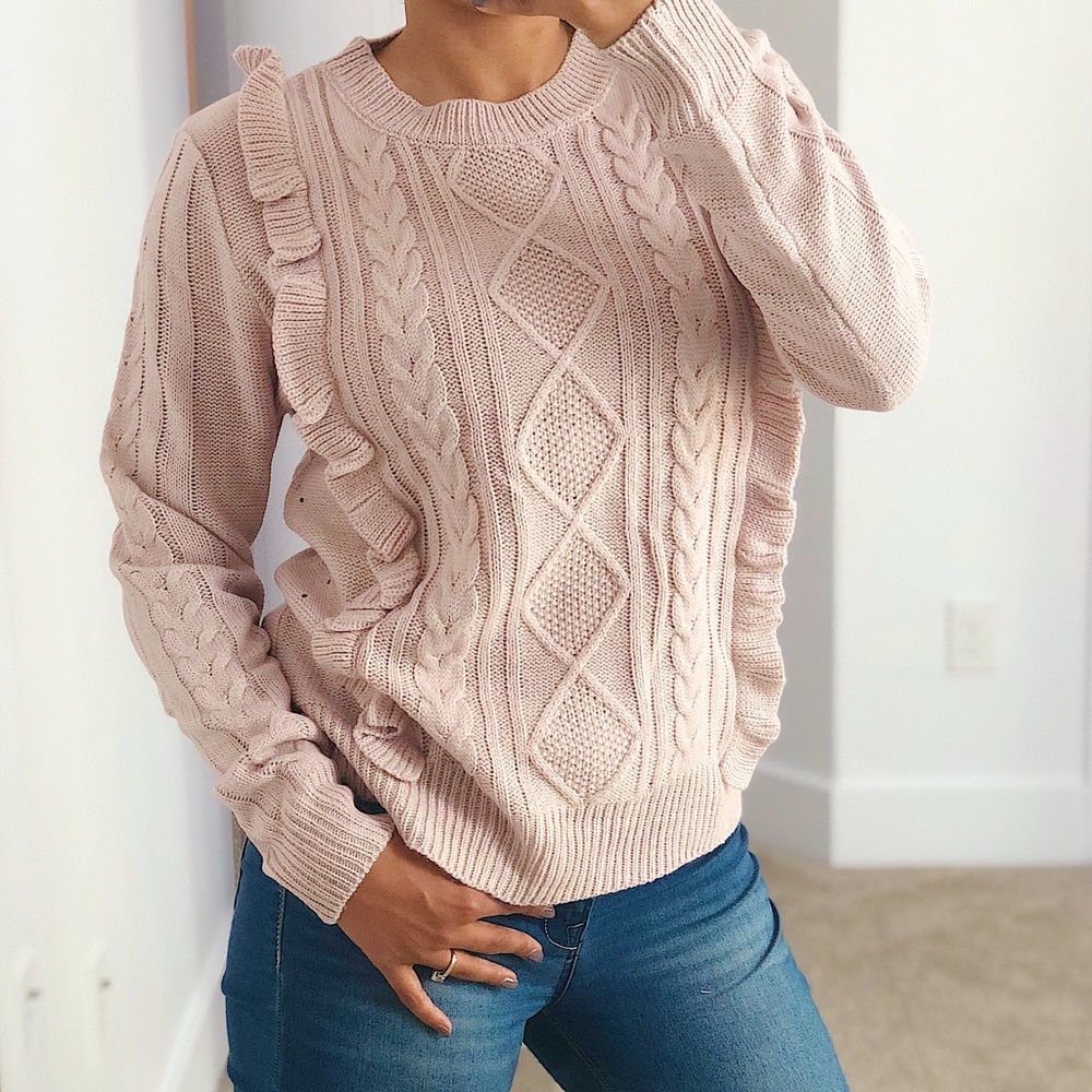 Frill Front Mixed Knit Sweater